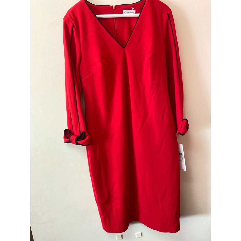 Calvin Klein Red V-Neck Sheath Dress Bow Cuffs and Black Trim Women's Size 10